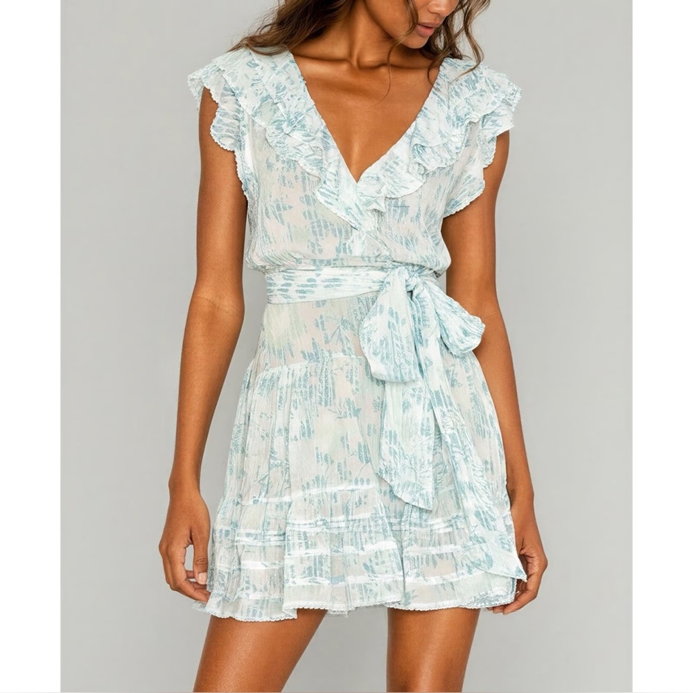Poupette St. Barth Light Green and White Ruffle Wrap Mini Dress